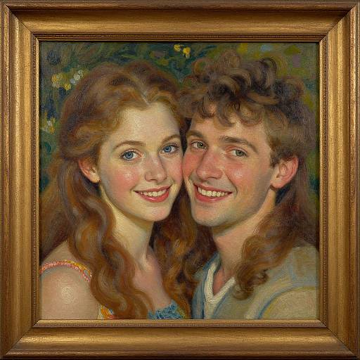 Oil painting of a smiling young couple with fair skin, red curly hair, blue eyes, and vibrant clothing, framed in a golden wooden frame.
