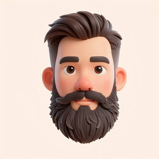 3D cartoon-style male head with large brown eyes, dark brown hair, thick black beard, and mustache, set against a white background.