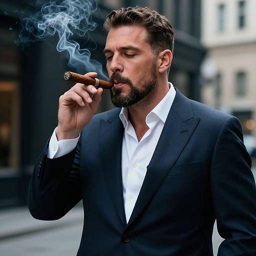 Photograph of a bearded man in a black suit, white shirt, smoking a cigar with blue smoke, standing on a city street.