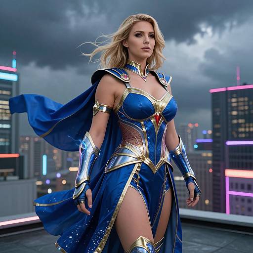 Digital art of a blonde, muscular woman in blue and gold superhero armor with a flowing cape, standing confidently on a rooftop at night against a cityscape