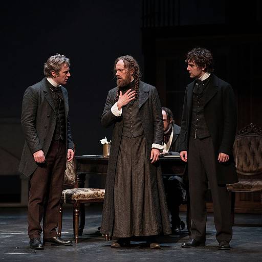 Photograph of three male actors in Victorian-era black suits and vests, standing on stage in dramatic lighting, engaged in intense conversation. Central figure touches his