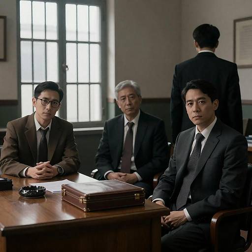 Serious Meeting in Dimly Lit Office