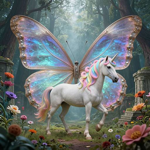 Digital artwork of a white unicorn with a rainbow mane, adorned with iridescent, butterfly-like wings, standing in a lush, enchanted forest filled with