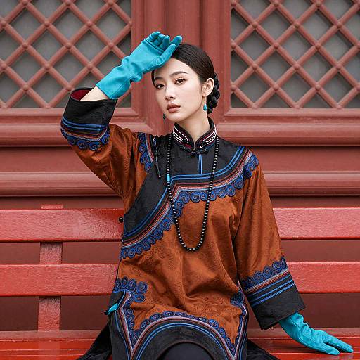 Ornate Dress and Red Bench Portrait
