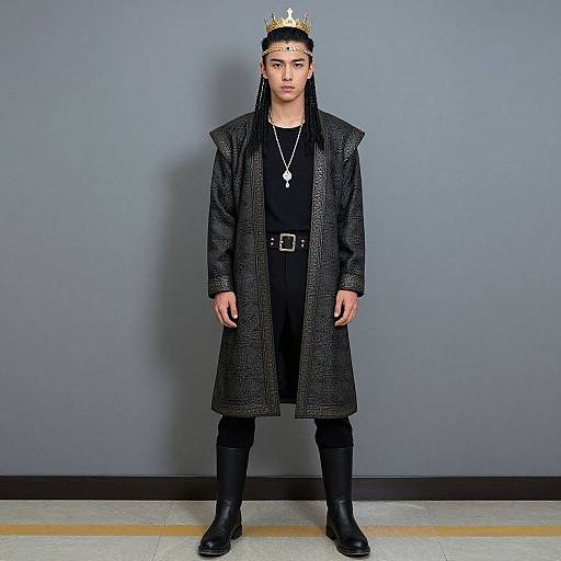 Photograph of an androgynous individual with long black hair, wearing a silver crown, black coat, black shirt, necklace, black pants,