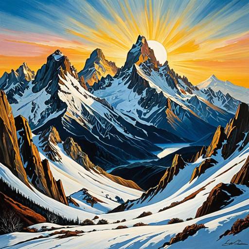 Salvador Dali Style Craggy Mountain Sunrise Painting