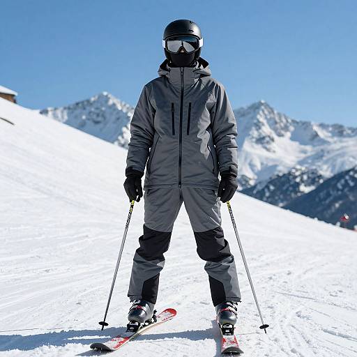 Photograph of a skier in gray winter gear, black helmet, goggles, and gloves, standing on snowy mountain slope with ski poles and red sk