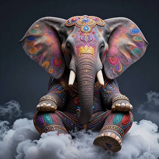 Photograph of a vibrantly decorated elephant with colorful peacock and floral patterns, sitting on a cloud against a dark blue background.