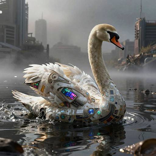 Digital art of a cybernetic swan with glowing, colorful panels swimming in a misty urban river, surrounded by modern skyscrapers.