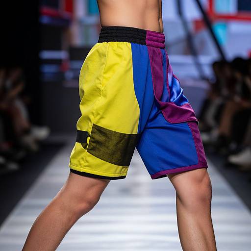 Photograph of a male boxer's back and legs, wearing colorful yellow, blue, and purple shorts with black stripes, on a bright runway.