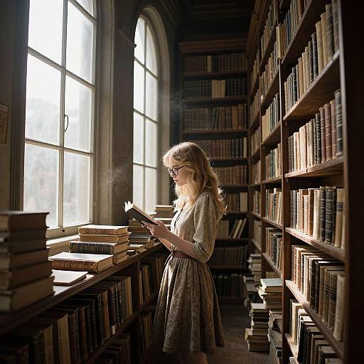 Blonde Woman Exploring Ancient Library