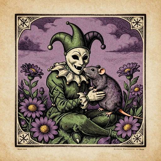 Vintage Linocut Jester with Rat