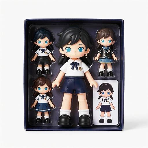 Photograph of a boxed set of five anime-style schoolgirl dolls with black hair, blue eyes, white shirts, navy skirts, and black shoes.