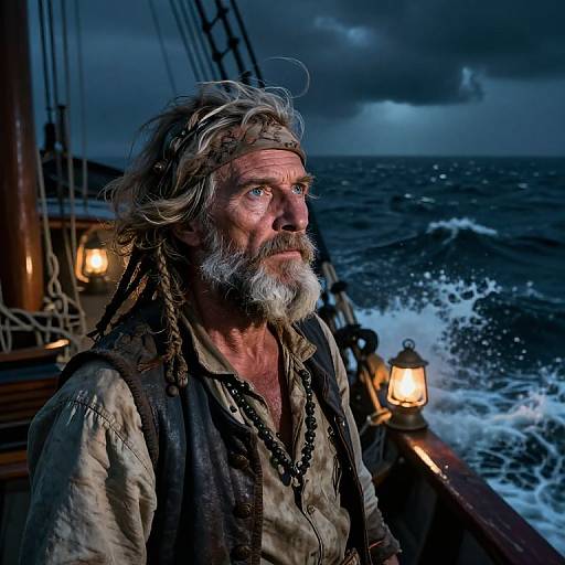 Photograph of an older, rugged man with gray beard and messy hair, wearing tattered clothes, standing on a ship deck at night, with lantern