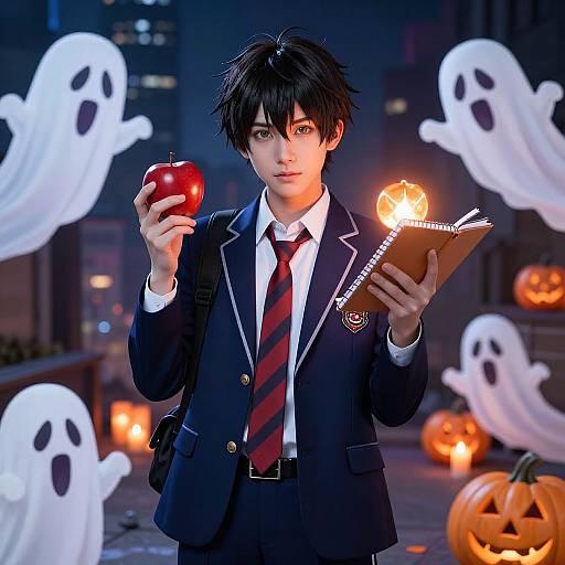 Photorealistic digital art: Young man with black hair, school uniform, holding red apple and glowing book, surrounded by ghostly figures and carved pump