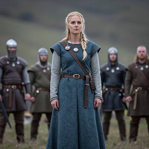 Photograph of a blonde woman in medieval attire with a blue dress and brown belt, standing in front of five armored men with silver helmets in a grass