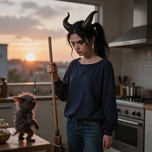 Photograph of a woman with black horns, dark makeup, and a broom, standing in a sunset-lit kitchen with a fluffy cat.