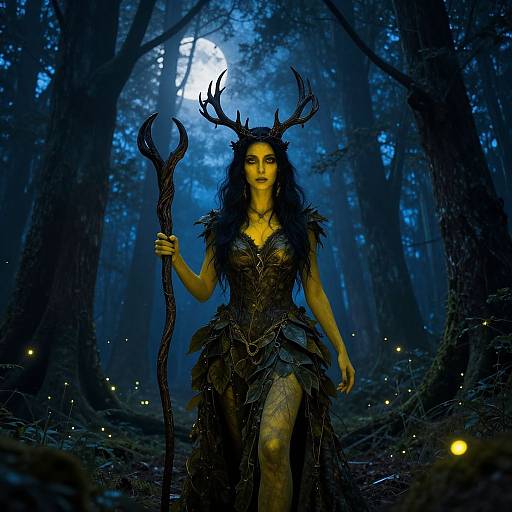 Mysterious forest goddess with antlers, dark feathered dress, and staff, illuminated by moonlight and fireflies, in a blue-tinted
