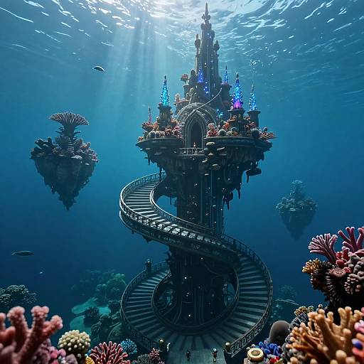 Photorealistic CGI of an underwater fantasy castle with a spiral staircase, glowing blue spires, surrounded by colorful corals and fish, bathed in