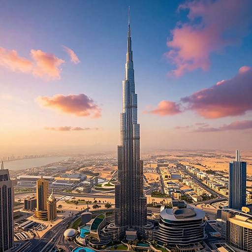 Photograph of the Burj Khalifa, Dubai's tallest skyscraper, at sunset with pink clouds, surrounded by modern buildings and urban landscape.