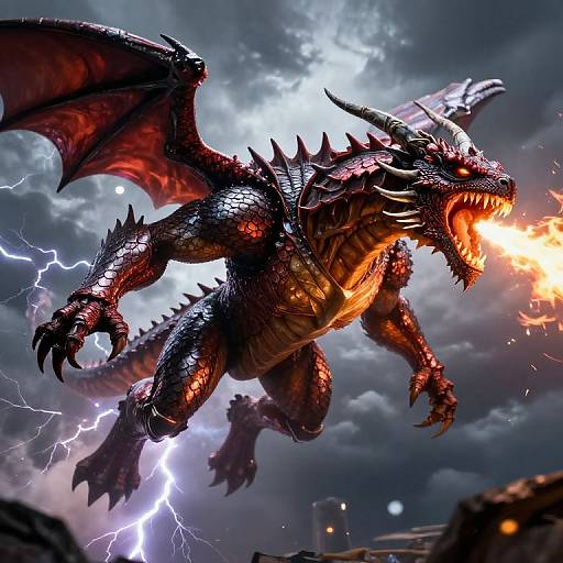 CGI fantasy artwork of a fierce, red-scaled dragon with glowing orange eyes, sharp horns, and wings, breathing fire amidst a stormy sky
