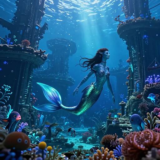 Photorealistic digital artwork: A glowing blue mermaid with a shimmering green and blue tail swims through an illuminated underwater ruins, surrounded by vibrant cor