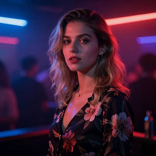 Neon Portrait: Woman in Floral Blouse