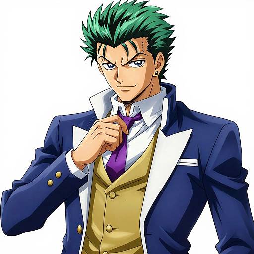 Digital anime-style drawing of a green-haired, blue-eyed man in a navy blazer, white shirt, yellow vest, and purple tie, adjusting his