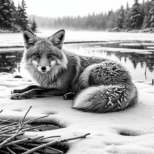 Frost-Covered Fox by Frozen Lakeside