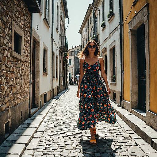 Woman in Floral Dress Walking on European Cobblestone Street