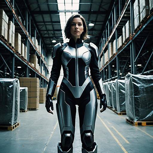 Photograph of a woman in a sleek black and silver futuristic armor suit standing confidently in a dimly lit warehouse with shelves and wrapped boxes.
