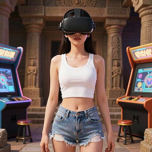 Athletic Woman in VR Temple Arcade