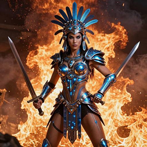 Digital artwork of a fierce warrior woman with blue-feathered headdress, metallic armor, and dual swords, standing before a blazing fire.