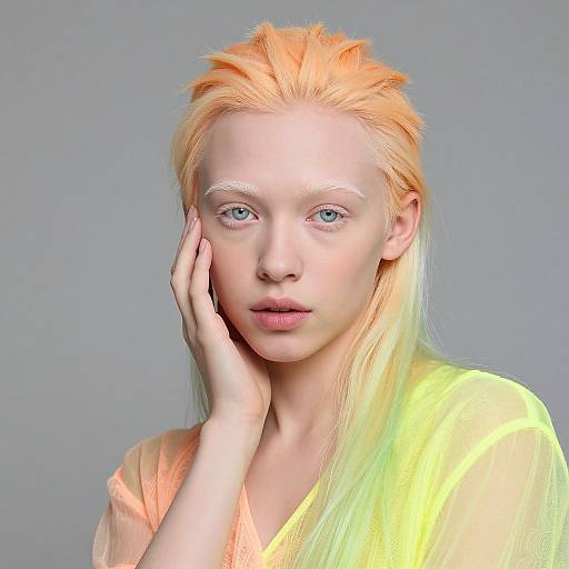 Photograph of a fair-skinned, blue-eyed woman with vibrant orange-to-yellow gradient hair, wearing a sheer, neon yellow top, gently touching her