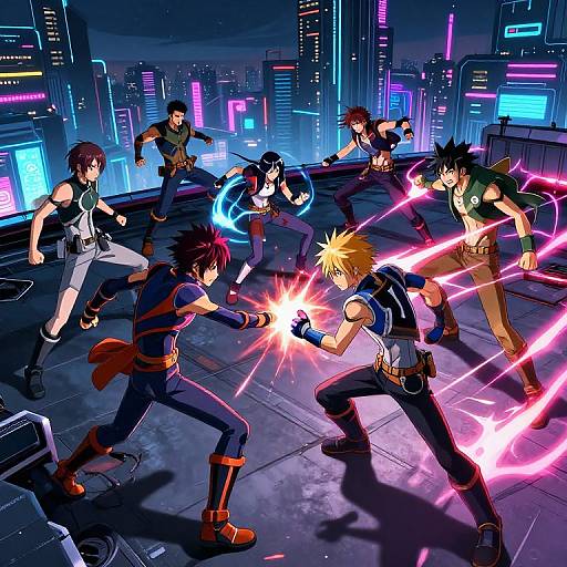 Digital anime-style drawing of eight fighters with glowing energy weapons battling on a neon-lit rooftop cityscape at night.