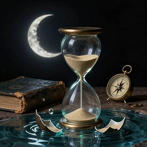 Photograph of a glass hourglass with sand, surrounded by a broken clock, water ripples, an open book, and a glowing crescent moon
