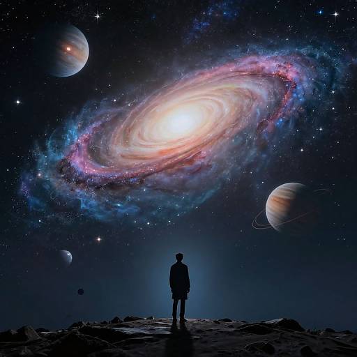 Silhouetted figure stands on rocky surface, gazing at vibrant, multicolored spiral galaxy and multiple planets in a starry, cosmic sky