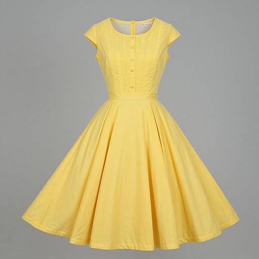 Photograph of a vintage-style, bright yellow, short-sleeved, knee-length, pleated dress with a button-down front, displayed against a