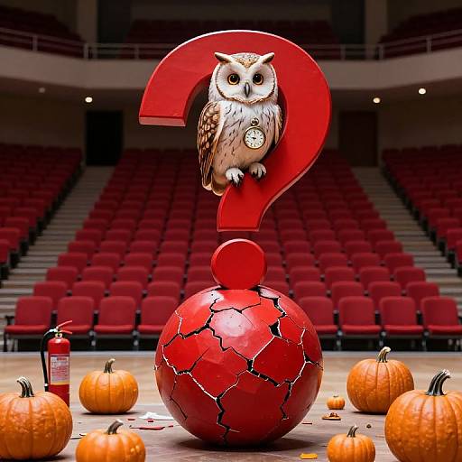 Photograph of a digitally-rendered owl with a clock on its chest, perched on a red cracked ball, atop a red question mark, surrounded