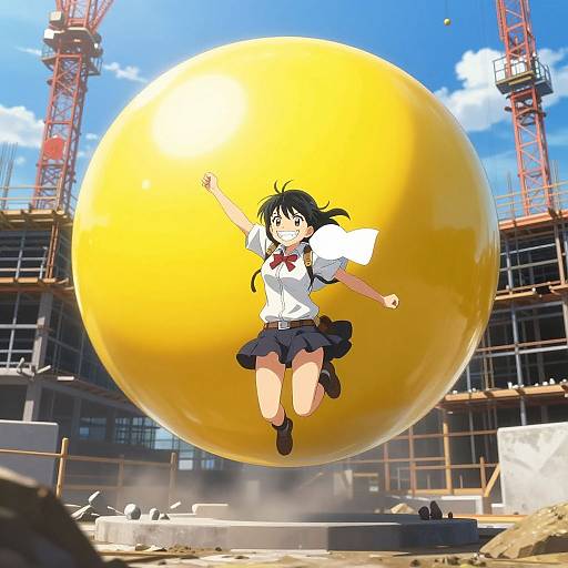 Anime-style girl in school uniform jumping towards giant yellow sphere, construction site background, clear blue sky, bright sunlight.