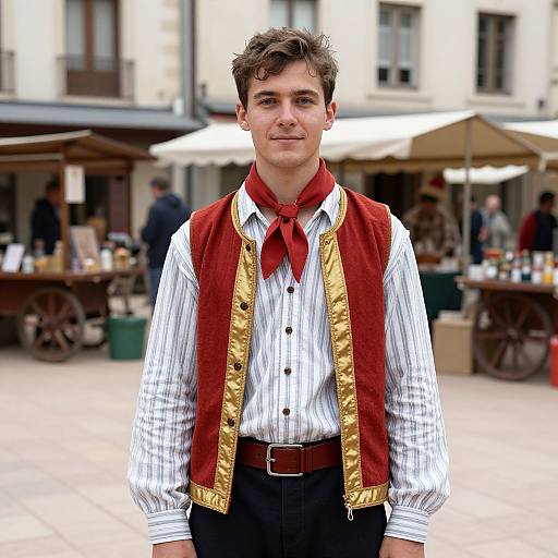 Photograph of a young man with short brown hair, wearing a white striped shirt, red vest with gold trim, red scarf, and black pants,