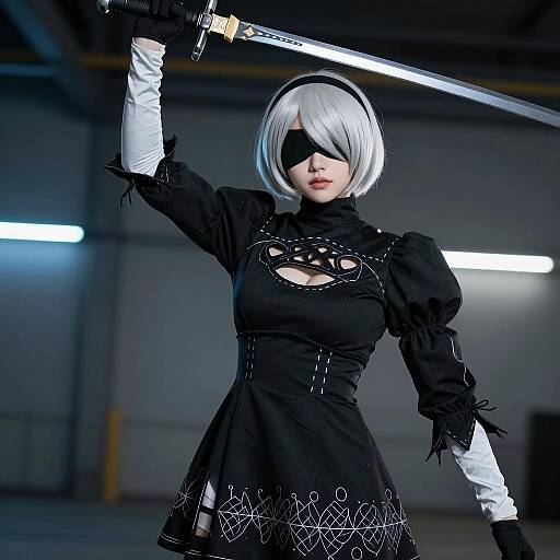 Cosplayer in Black Dress Holding Sword
