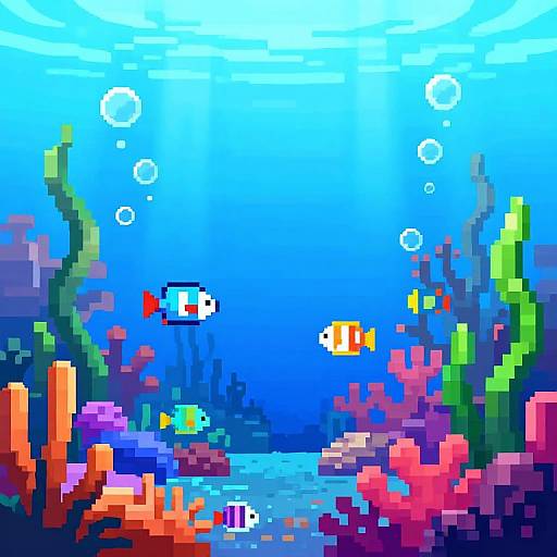 Pixel art underwater scene with colorful fish, coral reefs, and bubbles in bright blue water, creating a vibrant, lively ocean environment.