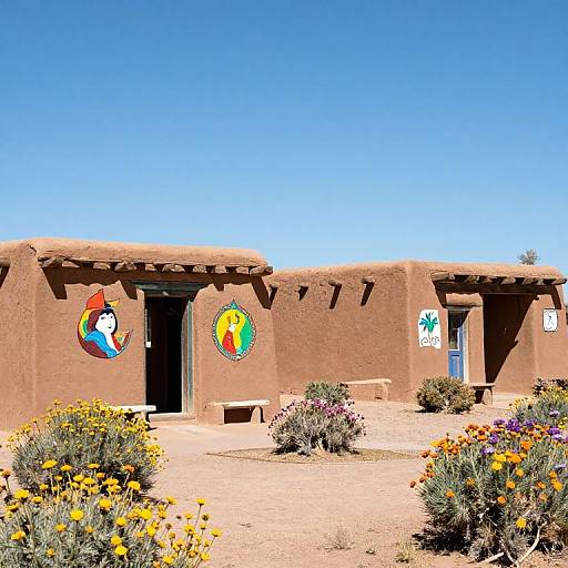 Photograph of a rustic, adobe-style building with colorful, cartoon-like murals and vibrant desert flowers in the foreground under a clear blue sky.