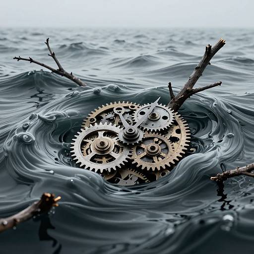 Photorealistic image of bronze gears emerging from dark, rippling water, surrounded by submerged, broken tree branches, creating a steampunk aesthetic.
