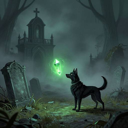 Mystical Dog-like Necromancer in Foggy Cemetery