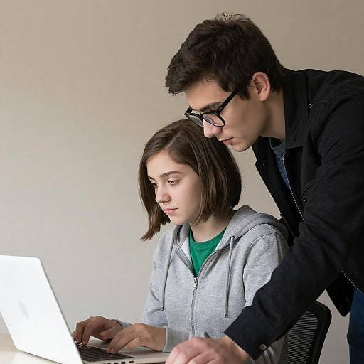 Young Man Guiding Teen on Laptop