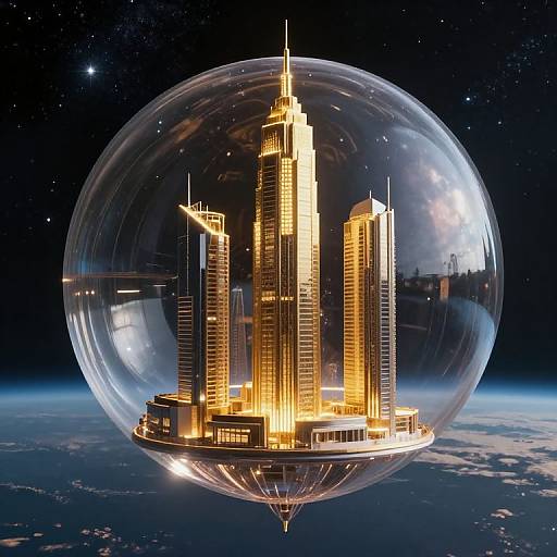 CGI image of a glowing golden skyscraper complex inside a transparent, spherical bubble floating above a starry night sky and blue Earth.