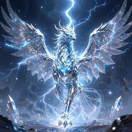 Digital artwork of a glowing, electric-blue, winged phoenix with lightning bolts, standing amidst crystal shards in a starry night sky.