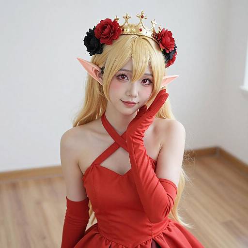 Blonde Elf Cosplayer in Red Dress